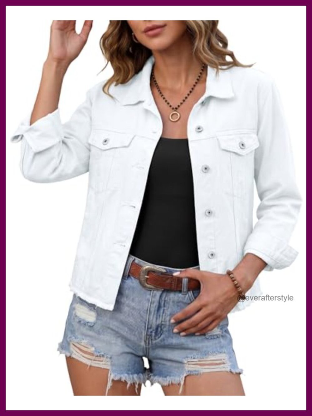 Women's Distressed Denim Jacket Button Up Frayed Hem Trucker